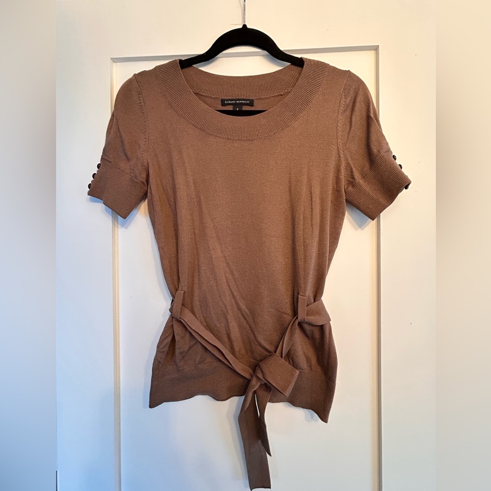 Brown Short Sleeve Top with Tie Detail